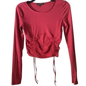 Almost Famous Red Ribbed Long-Sleeve Crop Top Ruched Front Stretchy Fitted Tee